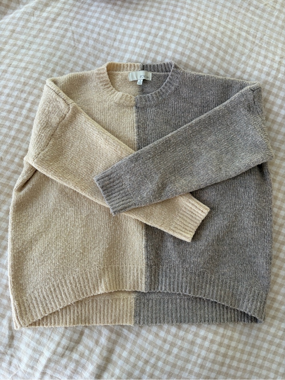 Two-Tone Cream & Gray Crewneck Sweater - Women